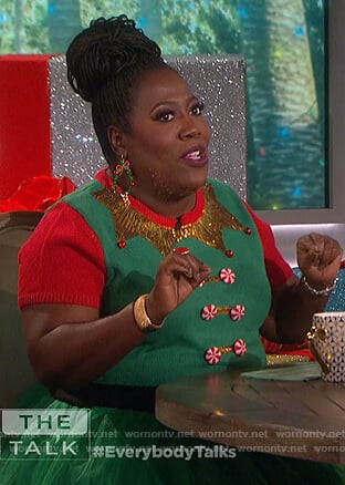 Sheryl’s green Christmas elf dress on The Talk