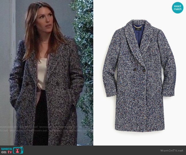 J. Crew Daphne topcoat in Italian tweed worn by Margaux Dawson (Elizabeth Hendrickson) on General Hospital