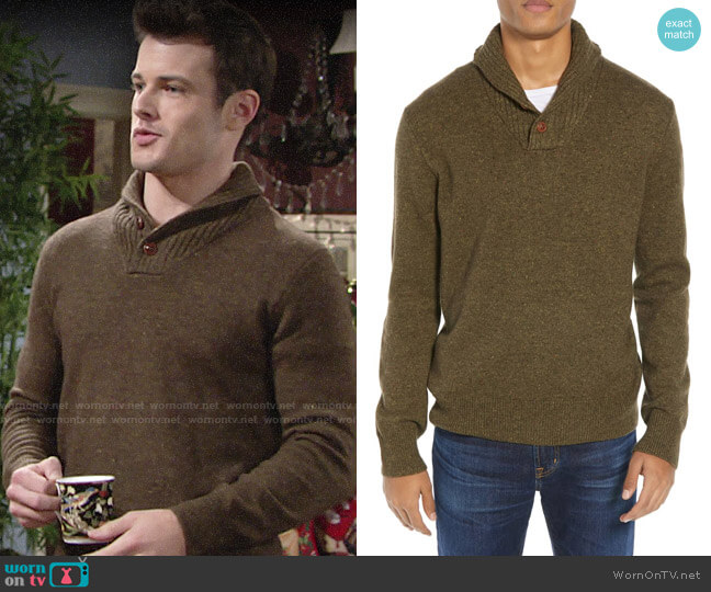 J. Crew Rugged Merino Wool Blend Shawl Collar Pullover Sweater worn by Kyle Abbott (Michael Mealor) on The Young and the Restless