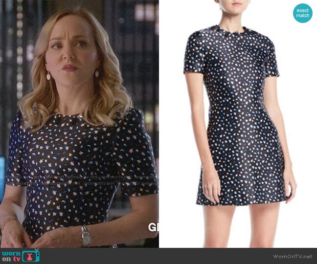 Jason Wu Short-Sleeve Mini Floral-Print Satin Mini Dress worn by Marissa Morgan (Geneva Carr) on Bull