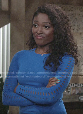 Ana’s blue eyelet sleeve sweater on The Young and the Restless
