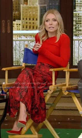 Kelly’s red printed midi skirt on Live with Kelly and Ryan