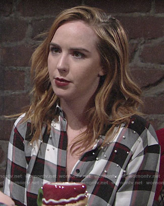 Mariah’s pearl embellished plaid top on The Young and the Restless