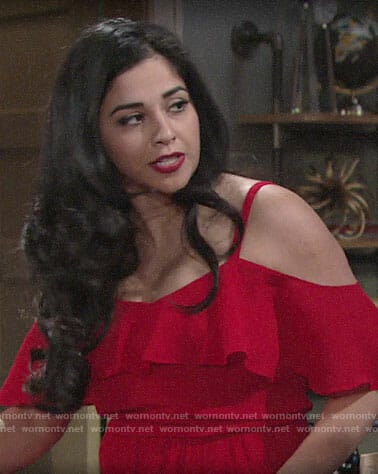 Mia’s red ruffled cold-shoulder top on The Young and the Restless