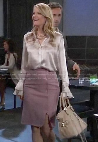 Nina's pink zip front pencil skirt and ruffle cuff blouse on General Hospital