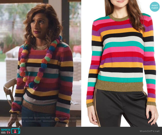 Stripe Metallic Trim Sweater by Pam & Gela worn by Emet Kamala-Sweetzer (Sarayu Blue) on I Feel Bad