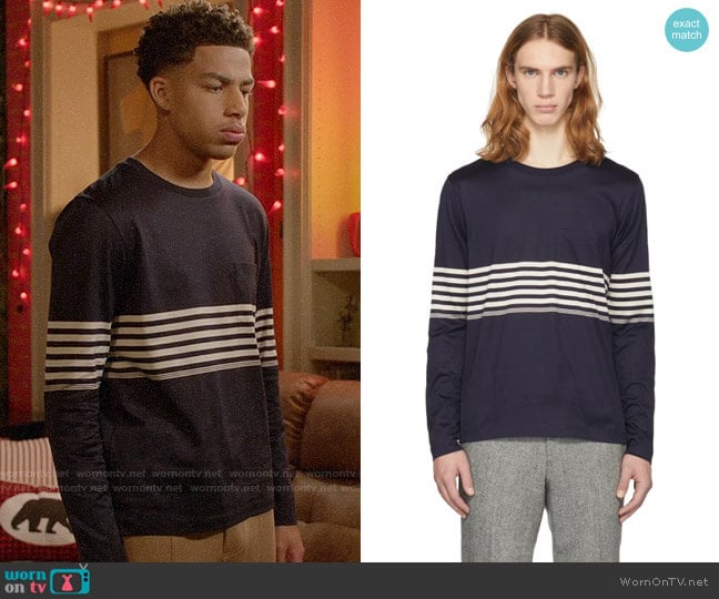 Paul Smith Navy Long Sleeve Chest Stripe T-Shirt worn by Andre Johnson Jr (Marcus Scribner) on Black-ish