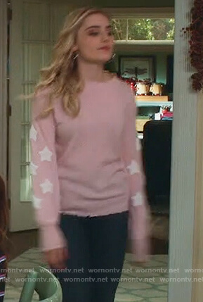 Taylor's pink star sleeve distressed sweater on American Housewife