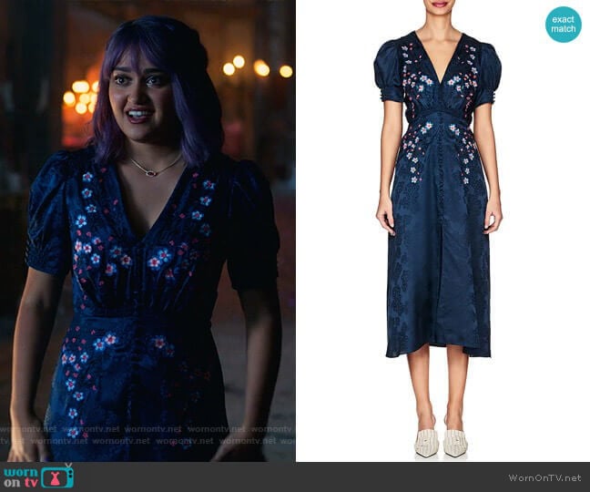 Lea Floral-Embroidered Silk Dress by Saloni worn by Gert Yorkes (Ariela Barer) on Marvels Runaways