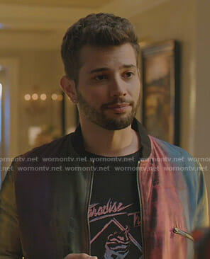 Sam’s Paradise Trip tee and rainbow bomber jacket on Dynasty