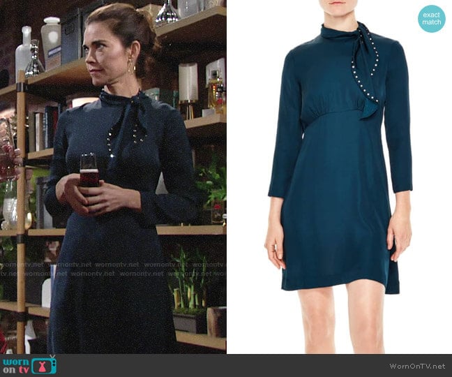 Sandro Embellished Tie Neck Dress worn by Victoria Newman (Amelia Heinle) on The Young and the Restless