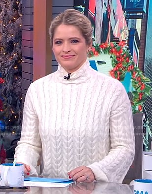 Sara’s white cable knit turtleneck sweater on GMA Day