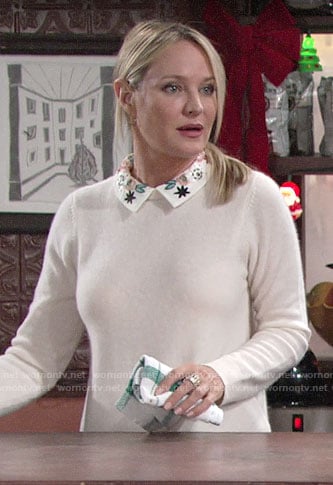 Sharon’s sweater with floral embroidered collar on The Young and the Restless