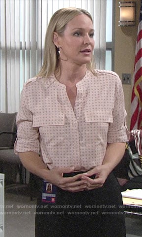 Sharon’s pink dotted top on The Young and the Restless