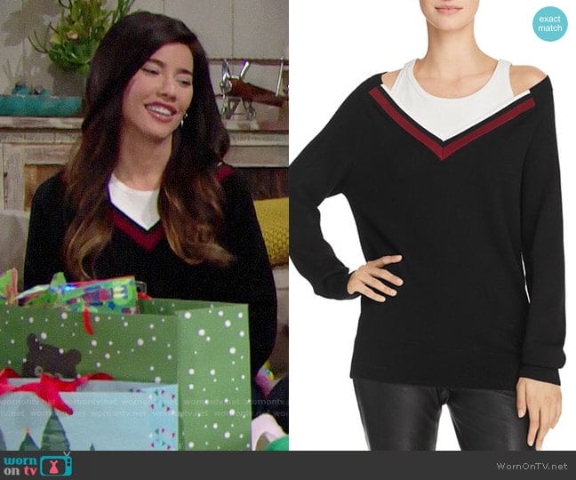 T by Alexander Wang Varsity Trim Layered-Look Sweater worn by Steffy Forrester (Jacqueline MacInnes Wood) on The Bold and the Beautiful