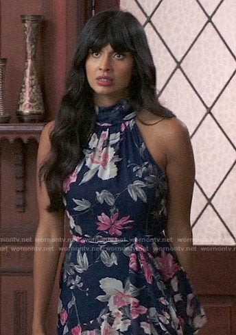 WornOnTV: Tahani's navy floral maxi dress on The Good Place | Jameela Jamil  | Clothes and Wardrobe from TV