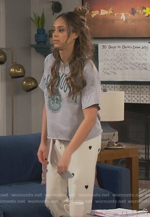 Claire's white heart print sweatpants on Happy Together