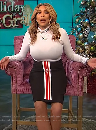 Wendy’s white bodysuit and black striped skirt on The Wendy Williams Show