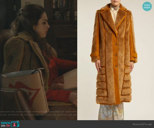 Faux Fur-Trimmed Jute-Blend Coat by Acne Studios worn by Fallon Carrington (Elizabeth Gillies) on Dynasty