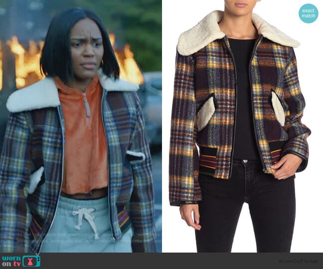 Faux Shearling Trim Plaid Bomber Jacket by Aiden worn by Jennifer Pierce (China Anne McClain) on Black Lightning