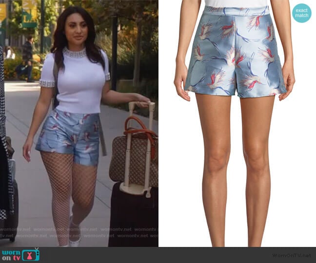 Heath High-Waist Bird-Print Satin Shorts by Alice + Olivia worn by Ana Torres (Francia Raisa) on Grown-ish