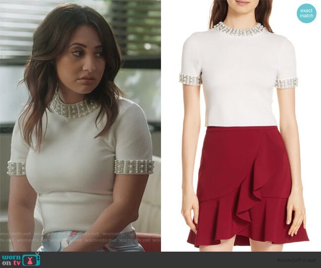 Embellished Crop Sweater by Alice + Olivia worn by Ana Torres (Francia Raisa) on Grown-ish