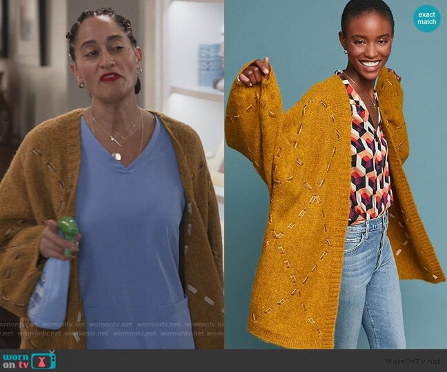 Anthropologie Janet Ribbon Cardigan worn by Rainbow Johnson (Tracee Ellis Ross) on Black-ish