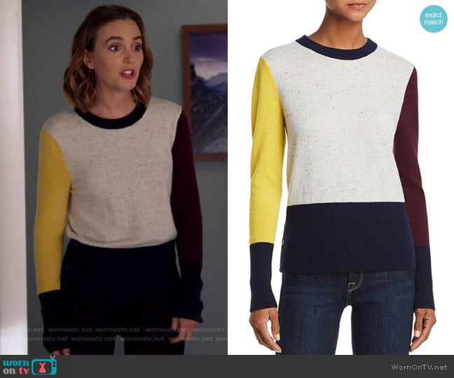 Color-Block Cashmere Crewneck Sweater by Aqua Cashmere worn by Angie (Leighton Meester) on Single Parents