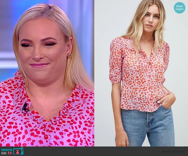 Sheer Tea Blouse in Leopard Print with Ruffle Collar worn by Meghan McCain on The View