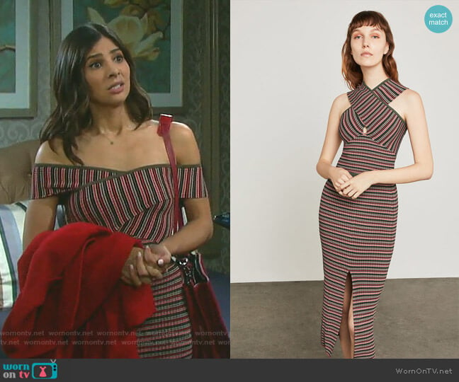 Crisscross Striped Crop Top and Stripe Ribbed Pencil Skirt by Bcbgmaxazria worn by Gabi Hernandez (Camila Banus) on Days of our Lives