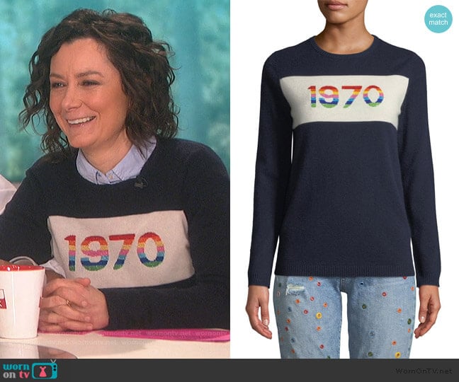 1970 Rainbow Graphic Cashmere Sweater by Bella Freud worn by Sara Gilbert on The Talk