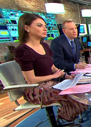 Bianna's pink feather print pleated skirt on CBS This Morning