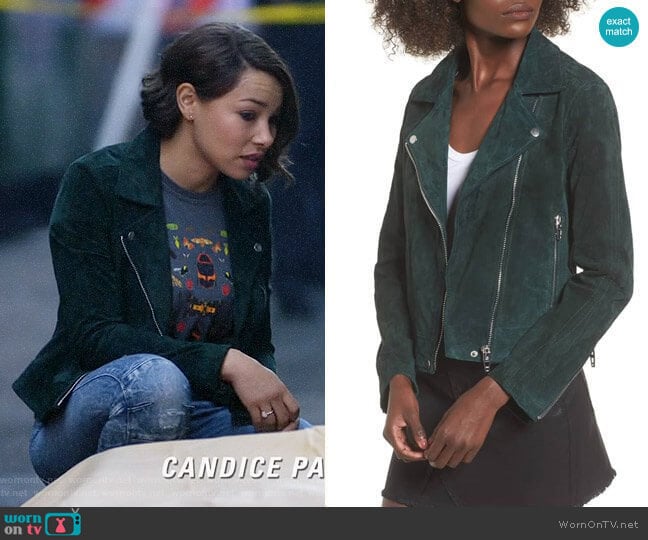 BlankNYC Suede Moto Jacket in Evergreen worn by Nora West-Allen (Jessica Parker Kennedy) on The Flash