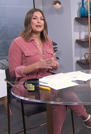 Carissa’s pink corduroy jumpsuit on E! News Daily Pop