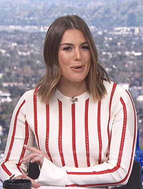 Carissa’s white and red striped sweater on E! News Daily Pop
