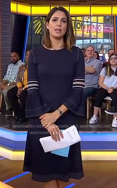 Cecilia’s navy bell sleeve dress with white stitching on Good Morning America