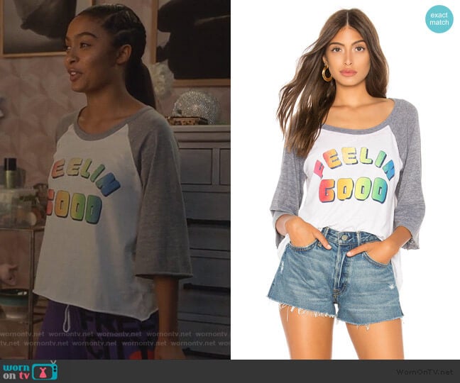 Feelin Good Baseball Tee by Chaser worn by Zoey Johnson (Yara Shahidi) on Grown-ish