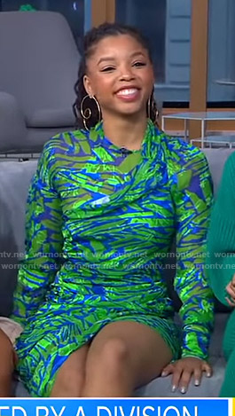 Chloe Bailey’s blue and green gathered dress on GMA Day