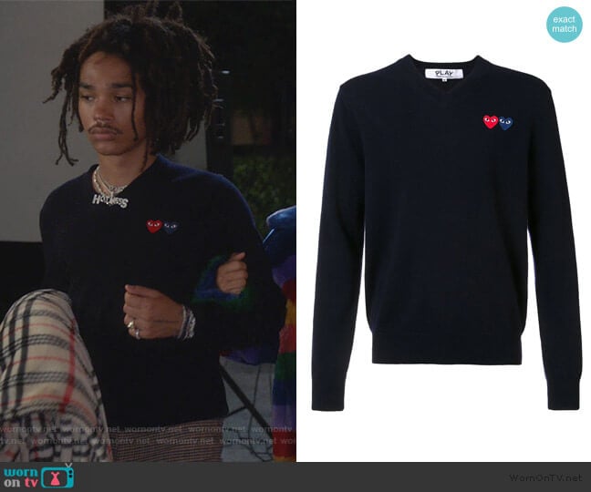 Brand Logo V neck Jumper by Comme Des Gargons PLAY worn by Luka Hall (Luka Sabbat) on Grown-ish