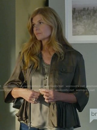 Debra's khaki peplum jacket on Dirty John