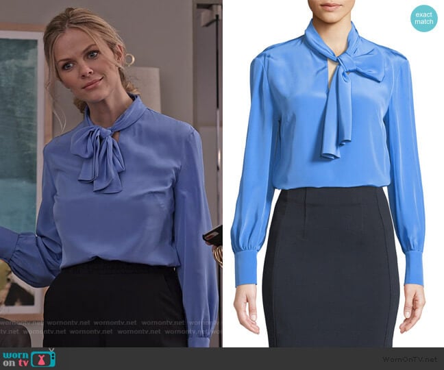 High Neck Long-Sleeve Silk Bow Blouse by Diane von Furstenberg worn by Mallory (Brooklyn Decker) on Grace and Frankie