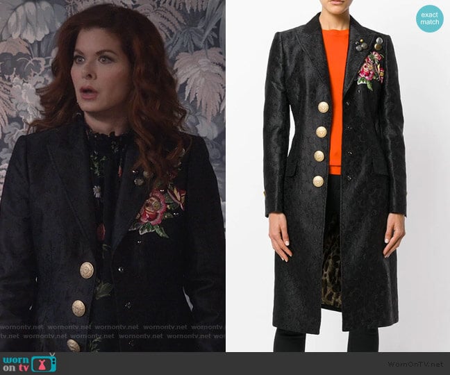 Embroidered Rose Patch Jacquard Coat by Dolce & Gabbana worn by Grace Adler (Debra Messing) on Will and Grace