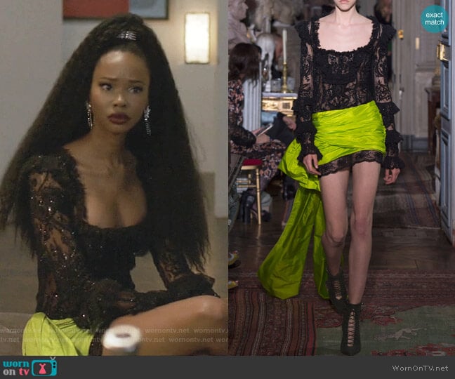 Embellished Chantilly Lace Mini Dress by Dundas worn by Monica Colby (Wakeema Hollis) on Dynasty