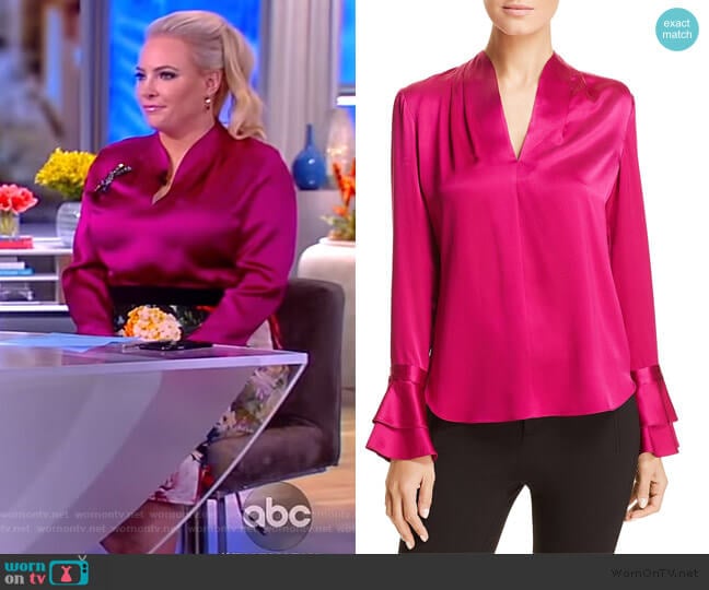 WornOnTV: Meghan’s pink silk blouse and floral print skirt on The View ...