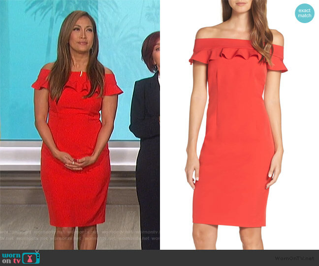 Ruffle Off the Shoulder Dress by Eliza J worn by Carrie Inaba on The Talk