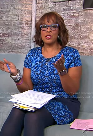 Gayle’s blue printed short sleeve dress on CBS Mornings