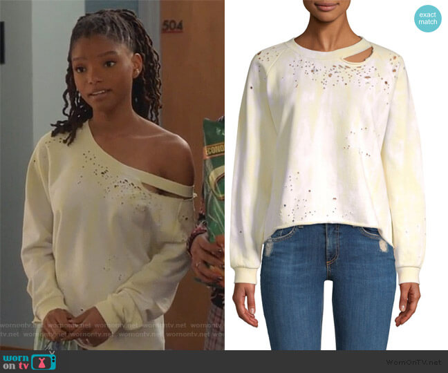 Tie-Dye Cut Out Sweatshirt by Generation Love worn by Skylar Forster (Halle Bailey) on Grown-ish