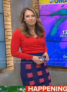 WornOnTV: Ginger’s red wrap sweater and checked skirt on Good Morning ...