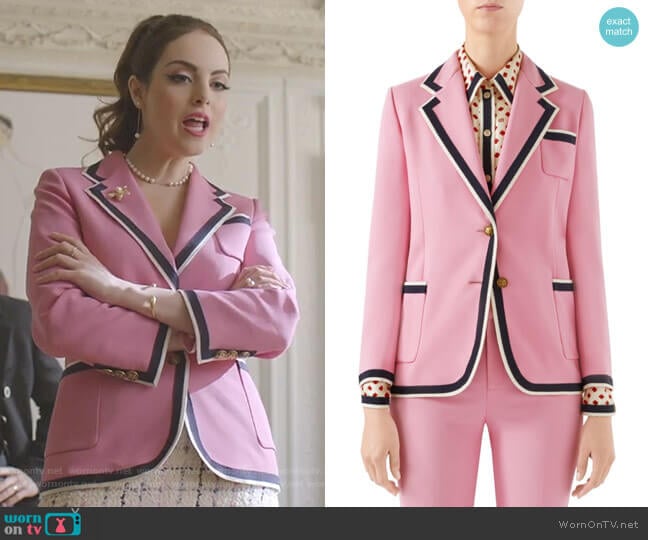 Cady Striped Trim Blazer by Gucci worn by Fallon Carrington (Elizabeth Gillies) on Dynasty