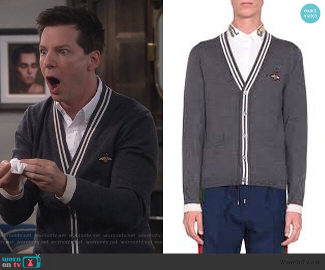 Cardigan wool knit with bee by Gucci worn by Jack McFarland (Sean Hayes) on Will and Grace